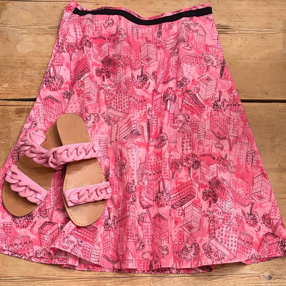 Karen Scott Preppy Barbie Pink Cityscape A-Line Skirt size 10